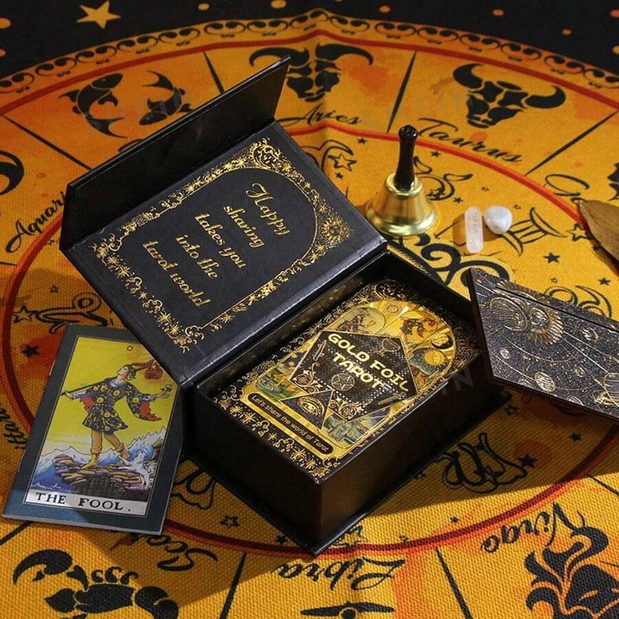1 pieza Cartas de Tarot con lámina de oro, diseño de sol negro y dorado, instrucciones en inglés, baraja de tarot de PVC impermeable, cartas de oráculo, juego de mesa para fiestas, cartas de adivinación, regalo coleccionable - Multicolor - Ver 1