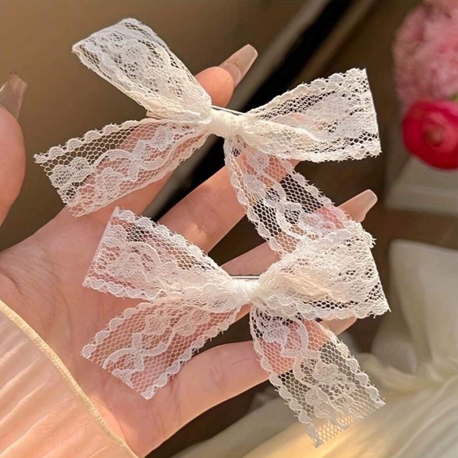 2pcs Summer Lace Bow Hair Clips - Beige - View 1