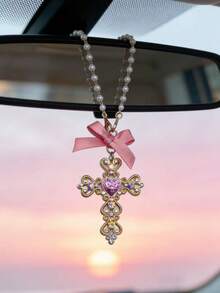 Rhinestone Cross Pendant With Pearl Decor, Car Rearview Mirror Hanging Ornament - Cross - View 5