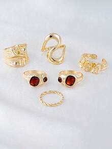 6pcs Vintage Asymmetrical Geometric Ring Set, Faux Red-Brown Gemstone Stackable Rings For Women, Daily And Party Jewelry Accessories - Yellow Gold - View 5