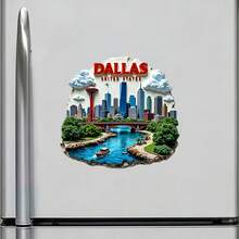 Rompiendo hacia el Big D: Imán de pared rota 3D de con revelación de piedra desgarrada y brillante horizonte, río Trinity y torre - Vibraciones de la rivera para tu refrigerador - , EE. UU. - Ver 2