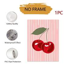 1pc Frameless Cherry Themed Canvas Art, Featuring Cute Cartoon Design With Pink Stripes, Red Cherries And Green Leaves, Suitable For Contemporary Home Decor, Can Be Placed In Living Room, Bedroom Or Workspace - Multicolor - View 8