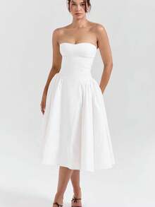 Robe d'été élégante pour femmes SUNSTORY, couleur unie, avec fermeture éclair, volants et empiècement en maille. Convient pour les invités de mariage, les cérémonies de remise des diplômes, les galas, les fêtes, les vacances, les rendez-vous, les anniversaires - Blanc - Voir 9