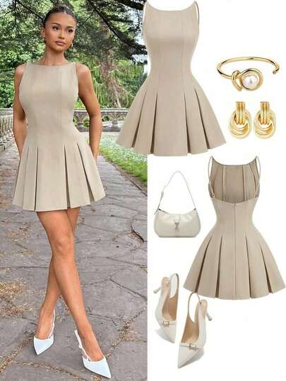 ALA Women's Summer French Minimalist Square Neck Ruched A-Line Sleeveless Short Dress. Commuter Chic Slimming Versatile High-End Summer Outfit, Suitable For Outings, Dates, Vacations, Gatherings, Parties, Beach Party Elegant