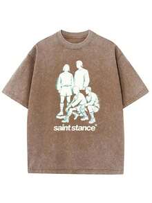 Summer Tops Summer Tops Vintage Wash T-Shirt With Light Blue Graphic| Crew Neck, Short Sleeves, 'Saint Stance' Design, Stylish Human Figures, Perfect Casual Wear For Summer, Ideal Gift For Friends, Family, Birthdays Or Any Special Occasion Summer Clothes  Summer Clothes - 咖啡色 - 查看 1