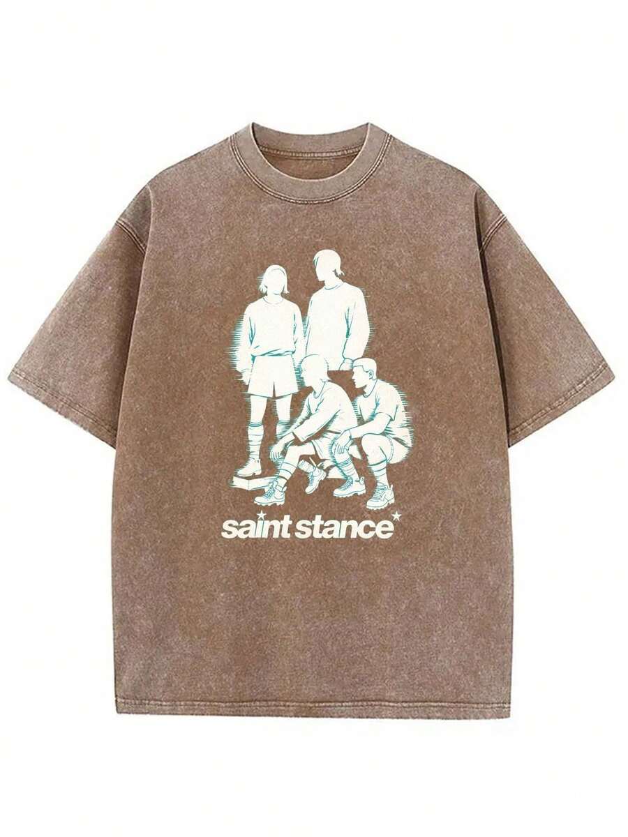 Summer Tops Summer Tops Vintage Wash T-Shirt With Light Blue Graphic| Crew Neck, Short Sleeves, 'Saint Stance' Design, Stylish Human Figures, Perfect Casual Wear For Summer, Ideal Gift For Friends, Family, Birthdays Or Any Special Occasion Summer Clothes  Summer Clothes - 咖啡色 - 查看 1