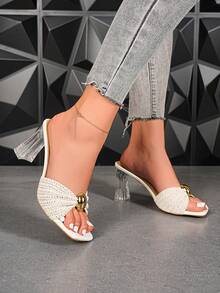 Beige Crochet Square Toe Transparent Thick Heel Mueller Cool Drag Metal Buckle Temperament High Heels Wedding Party Beach Vacation Women's Shoes - 米色 - 查看 5