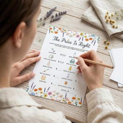 50 tấm thẻ giấy dày "Giá của chương trình truyền hình thực tế là bao nhiêu?" dùng cho tiệc mừng em bé, vui nhộn và thú vị, phù hợp với chủ đề tiệc mừng em bé hoa dại.