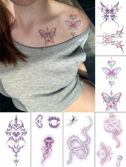 6 Sheets Colorful Butterfly Tattoo Waterproof Y2K Temporary Tattoos Body Fake Tattoos For Summer Makeup Travel Daily Makeup Festival Birthday Party Accessories