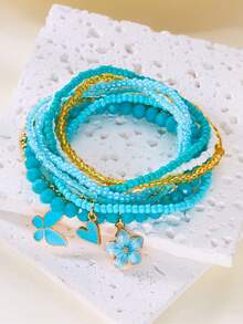 Bohemian Fashion Flower Heart Butterfly Pendant Elastic String Faux Pearl Layered-Damascus Bracelet For Ladies Set - Bracelet Set - View 4