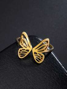 1pc Minimalist Stainless Steel Hollow Butterfly Adjustable Ring, Fashion Cute Gift For Women - Simple Series - View 2
