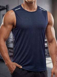 New Men's Sports Sleeveless Vest, Round Neck Solid Color Running Tanks, Suitable For Outdoor Gym, Jogging And Training - Blue - View 5