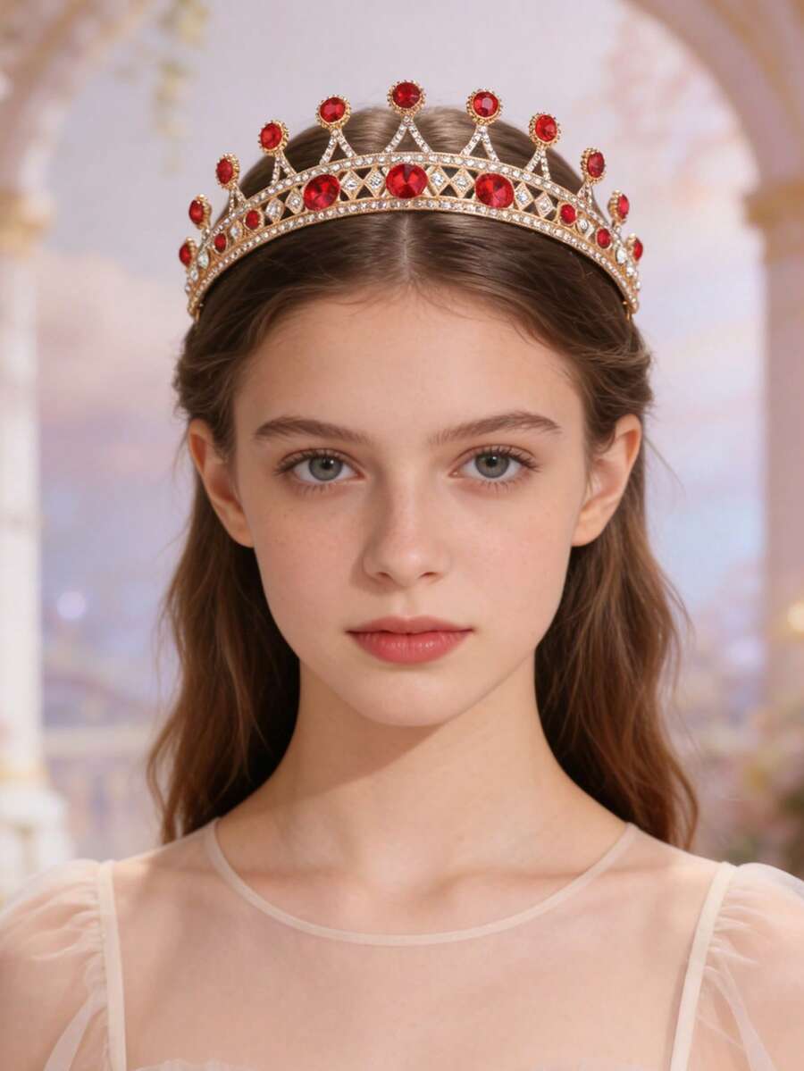 1件欧美新娘伴娘皇冠头饰,合金水晶皇冠发饰,适合晚礼服,公主风 - 紅色 - 查看 1