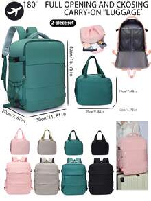 2 pièces Set de sac à dos de voyage à grande capacité avec fermeture éclair, en nylon de couleur unie, ouverture à 180°, idéal pour les voyages en avion et les vacances - Multicolore - Voir 2