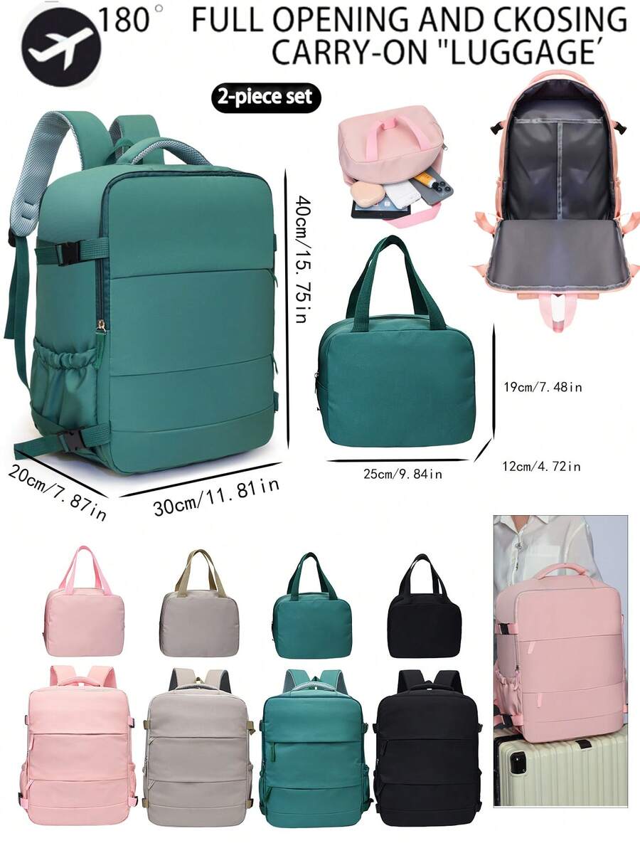 2 pièces Set de sac à dos de voyage à grande capacité avec fermeture éclair, en nylon de couleur unie, ouverture à 180°, idéal pour les voyages en avion et les vacances