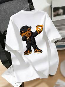 男童67号卡通印花T恤，适合男孩街头、校园、活动、日常穿着，时尚夏季上衣 - 白色 - 查看 6