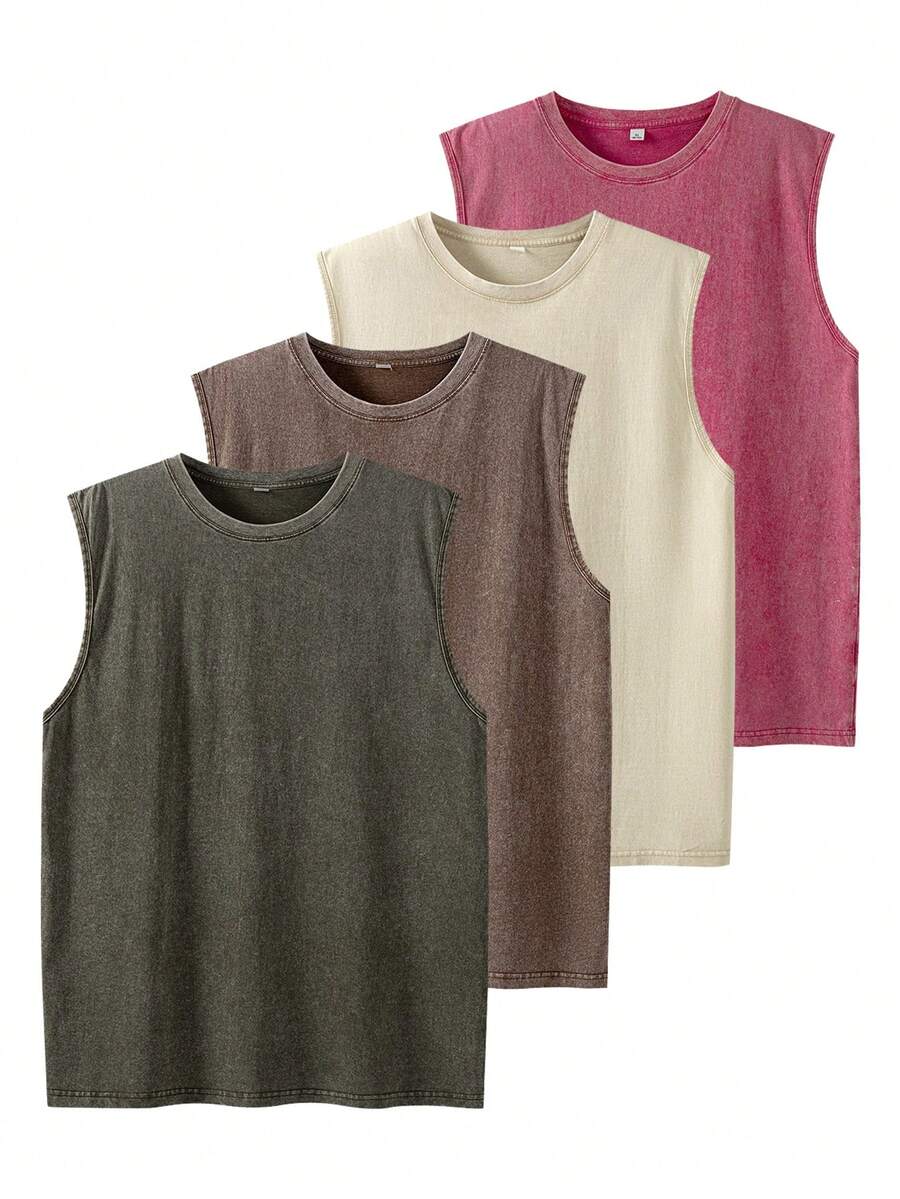 Men's Vintage Washed Tank Top Oversized Crewneck Sleeveless Casual Streetwear Soft Breathable Spring Summer Fall Gym Tee - 軍綠色 - 查看 1