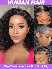 14 Inch Short Bob Wigs Kinky Curly Wave 13x4 Frontal Bob Transparent Lace Front Wigs Human Hair Pre Plucked Brazilian Virgin Hair Wigs For Black Women Natural Black 8-16 Inch Curly Wave Brazilian Virgin Hair Wig - Natural Black - View 4