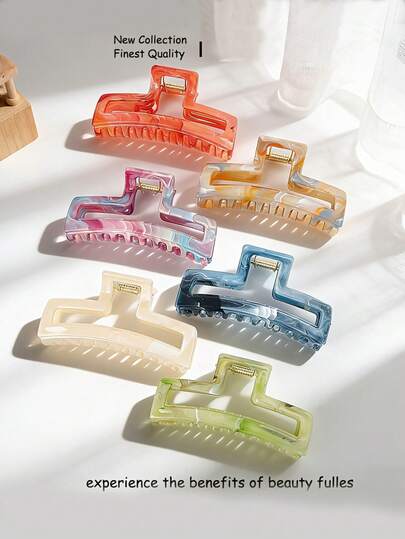 1个2026新款4.33英寸大号大理石纹发夹，易碎塑料质感方形发爪，高顶后夹式发夹，渐变色发饰，通勤、健身、约会等场合皆宜