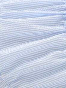 女婴蓝白条纹雏菊连体衣，蝴蝶结肩带女婴吊带背心，夏季日常穿着 - 藍色 - 查看 8