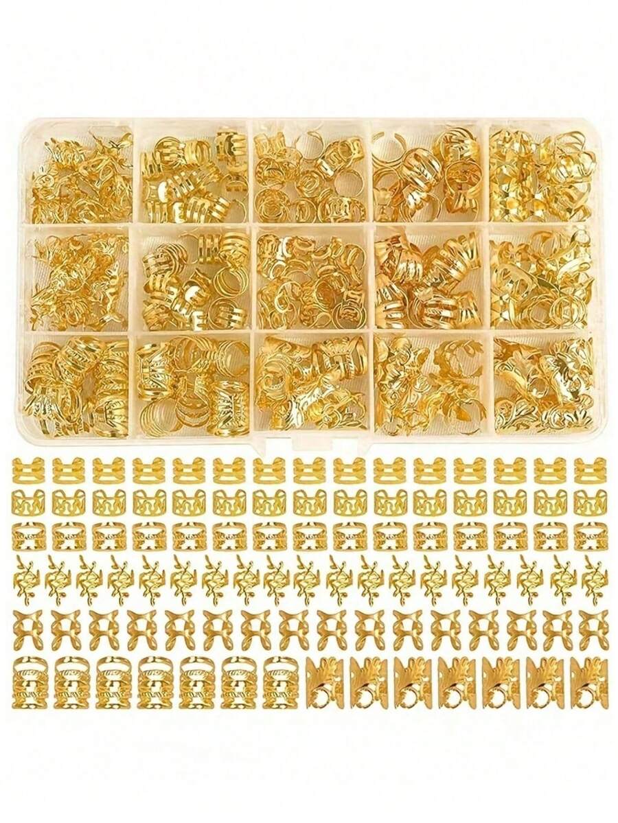 70件套发饰,包括发珠、发圈、编发环、合金发饰,适用于脏辫,可调节金属编织发饰,适合夏季、度假、旅行,波西米亚风格,带爪夹 - 金色 - 查看 1
