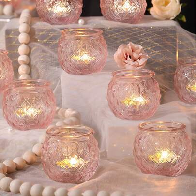 6 chân nến màu hồng, chân nến thủy tinh màu hồng đựng nến tealight, dùng để trang trí bàn tiệc cưới, tiệc cô dâu, tiệc trà phong cách Boho, quà tặng tiệc cưới, trang trí nhà cửa, trang trí tiệc màu hồng, ngày Valentine.