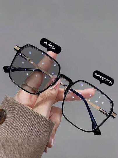 1pc Unisex Square Plus Size PC Frame Metal Leg Casual Color Changing Fashion Eyeglasses, Suitable For Driving, Indoor And Outdoor Wear