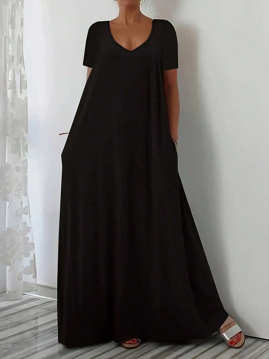 Abito estivo da donna casual ed elegante, ampio, per uso quotidiano, a maniche corte, tinta unita, scollo a V, aderente, colore nero - nero - Visualizzare 1