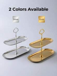 1个不锈钢椭圆形双层蛋糕架，家用下午茶甜点架，水果和小吃盘 - 彩色 - 查看 1