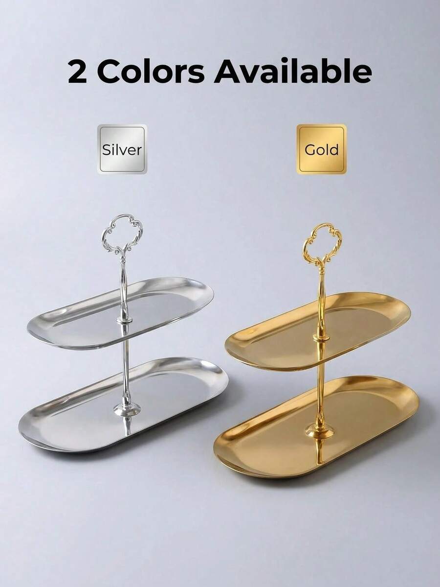 1个不锈钢椭圆形双层蛋糕架，家用下午茶甜点架，水果和小吃盘 - 彩色 - 查看 1