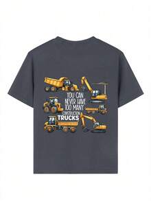 Young Boy Excavator Print T-Shirt, Soft And Comfortable Fabric, Suitable For Boys Outdoor Sports, Casual Wear, Street Style, Campus Style, Fashionable Boys Spring/Summer Casual Versatile Top - Dark Grey - View 7