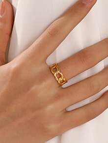 1pc Stainless Steel Fashionable Geometric Chain Open Ring, Suitable For Daily Wear - Gold - View 6