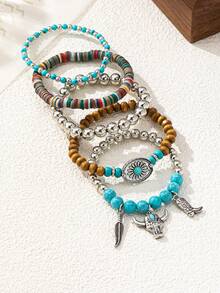 5件套波西米亚风木珠手链，饰以绿松石叶子、雏菊、牛头和高跟鞋图案，女士款 - 藍色 - 查看 4