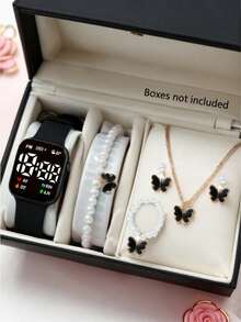 6件套女孩时尚优雅LED数字显示手表套装，包含蝴蝶手链、项链吊坠、戒指和耳环，适合返校、聚会、旅行和日常生活佩戴。是生日、毕业、情人节、母亲节的完美礼物。 - 彩色 - 查看 11