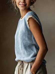 Vintage Linen Blend Short Sleeve Top For Women, Lace Patchwork Round Neck Loose Fit Breathable Linen Blend T-Shirt, Summer White - Màu xanh da trời - Xem 5