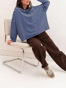 新款时尚优雅条纹罗纹上衣，适合日常穿着、早午餐、机场穿搭，四季皆宜，春季必备。 - 藍棕 - 查看 4