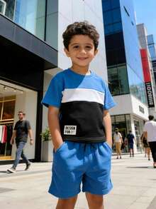 Young BoySummer Waffle Fabric Patchwork Contrast Color Casual Sports Set - Blue - View 1