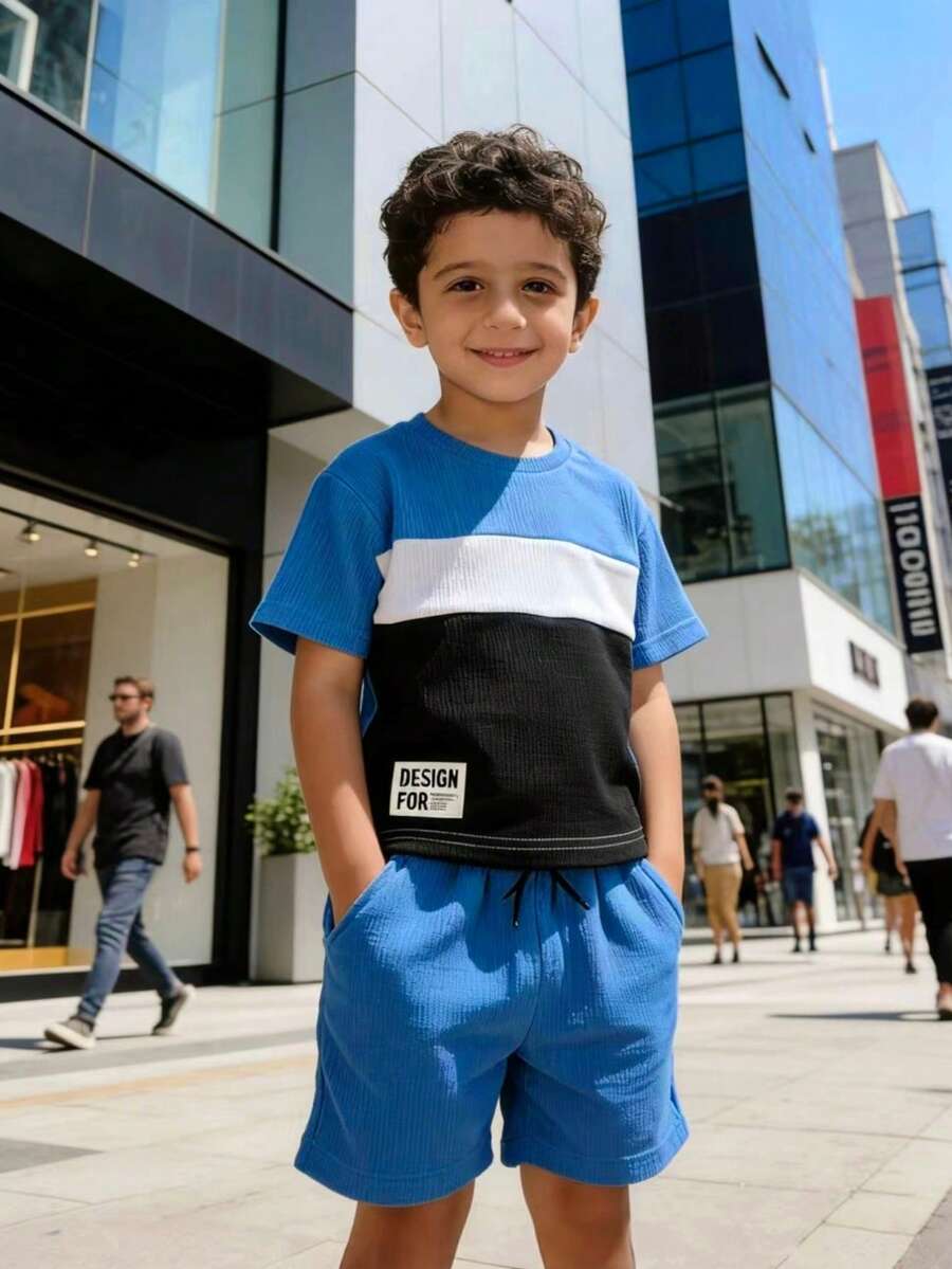 Young BoySummer Waffle Fabric Patchwork Contrast Color Casual Sports Set - Blue - View 1