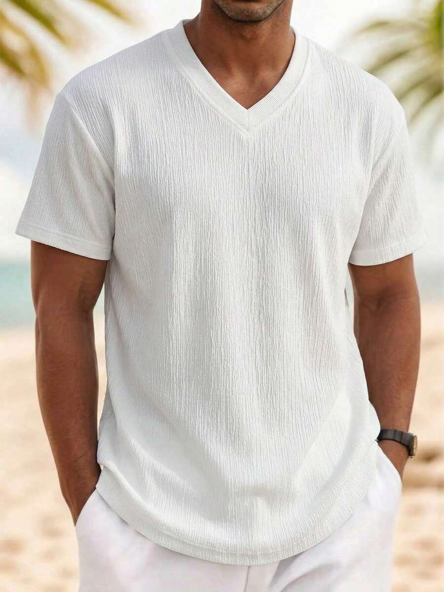 1 pieza Camiseta de manga corta con textura blanca para hombre, parte superior de vacaciones para hombre, diseño de cuello en V transpirable y ligero, estilo de vacaciones casual, lavable a máquina, adecuado para vacaciones en la playa y uso al aire libre - Blanco - Ver 1