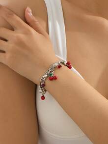 1 chiếc vòng tay thời trang nữ hình hoa anh đào với mặt dây chuyền hình trái tim đính ngọc trai. - quả anh đào - Xem 4