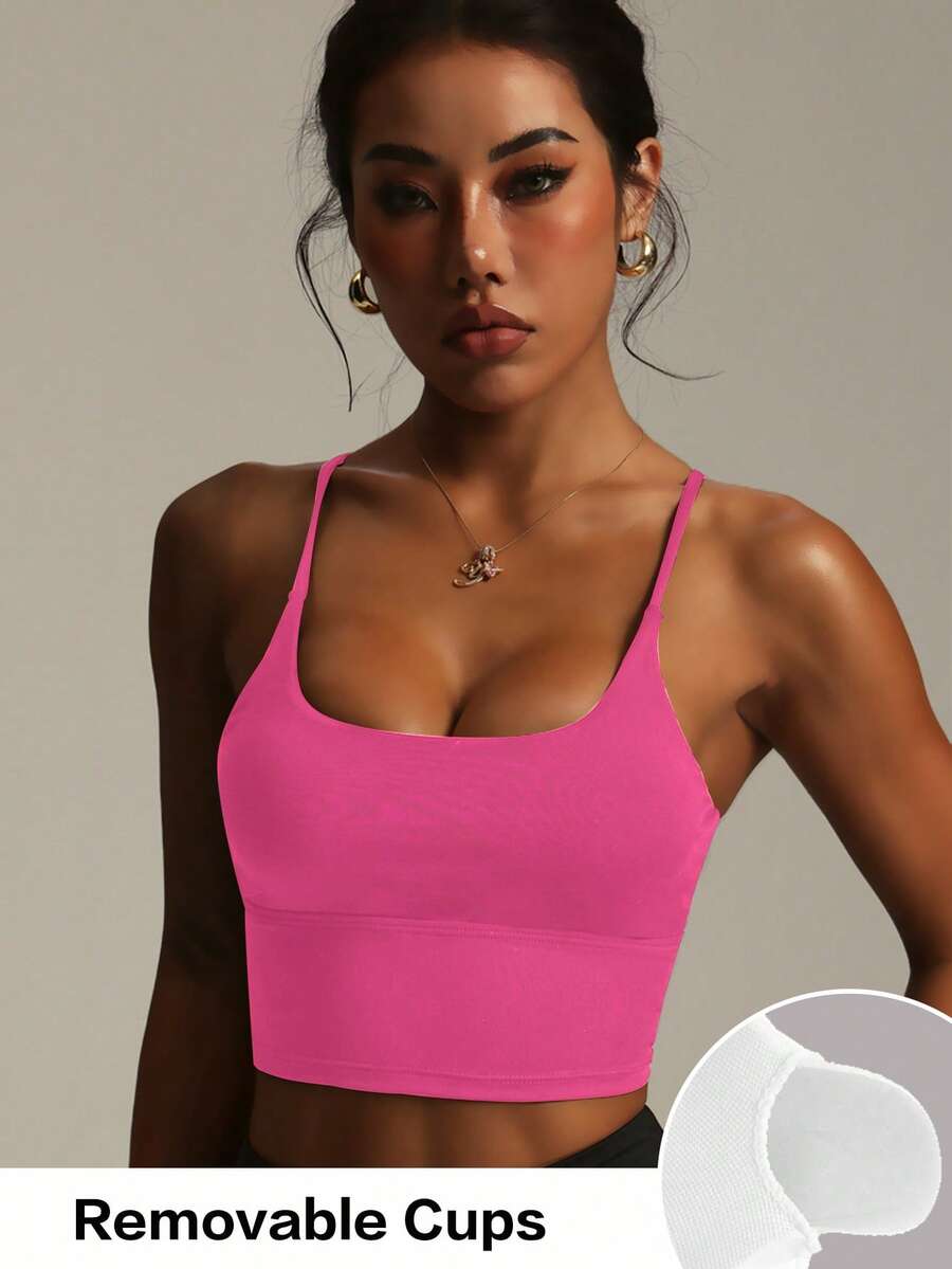 Damen einfarbiger drahtloser Kreuzträger modischer gestrickter Sporttop Frühling - Heißes Pink - Übersicht 1