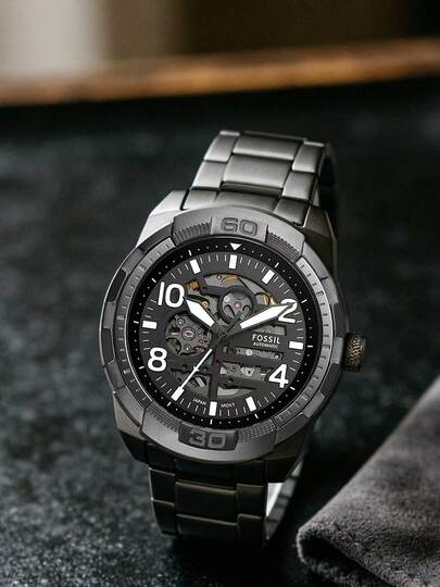 Fossil Brunson Men's Automatic Mechanical Watch - Gray Hollow Dial, Stainless Steel Strap - Fashion Business Style (ME3255)