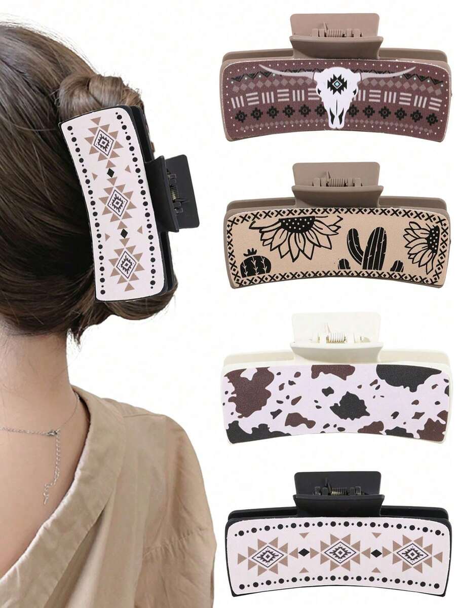 1/4 chiếc kẹp tóc vuông bằng da họa tiết da bò, hoa hướng dương, xương rồng phong cách Bohemian, cao cấp, phù hợp với tóc dày, tóc đuôi ngựa, phong cách thường ngày, dự tiệc, lễ hội, quà tặng.