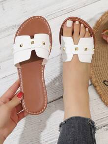 Sandal đế bằng nữ, đính đinh tán, kiểu dáng slip-on, quai chéo, thích hợp cho kỳ nghỉ. - trắng - Xem 6