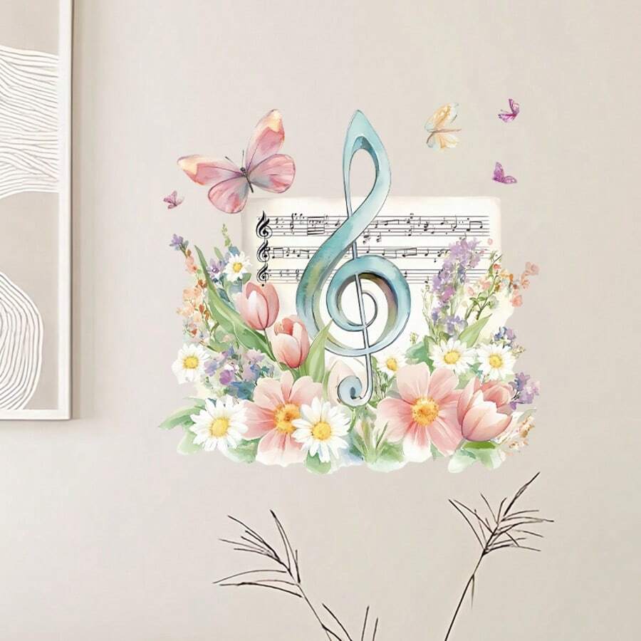 1 件装音符、花卉绿植墙贴,插画风格,柔和透明色调,艺术浪漫。采用 PVC 材质,粘性适中,不留残胶。 - 均碼 - 查看 1