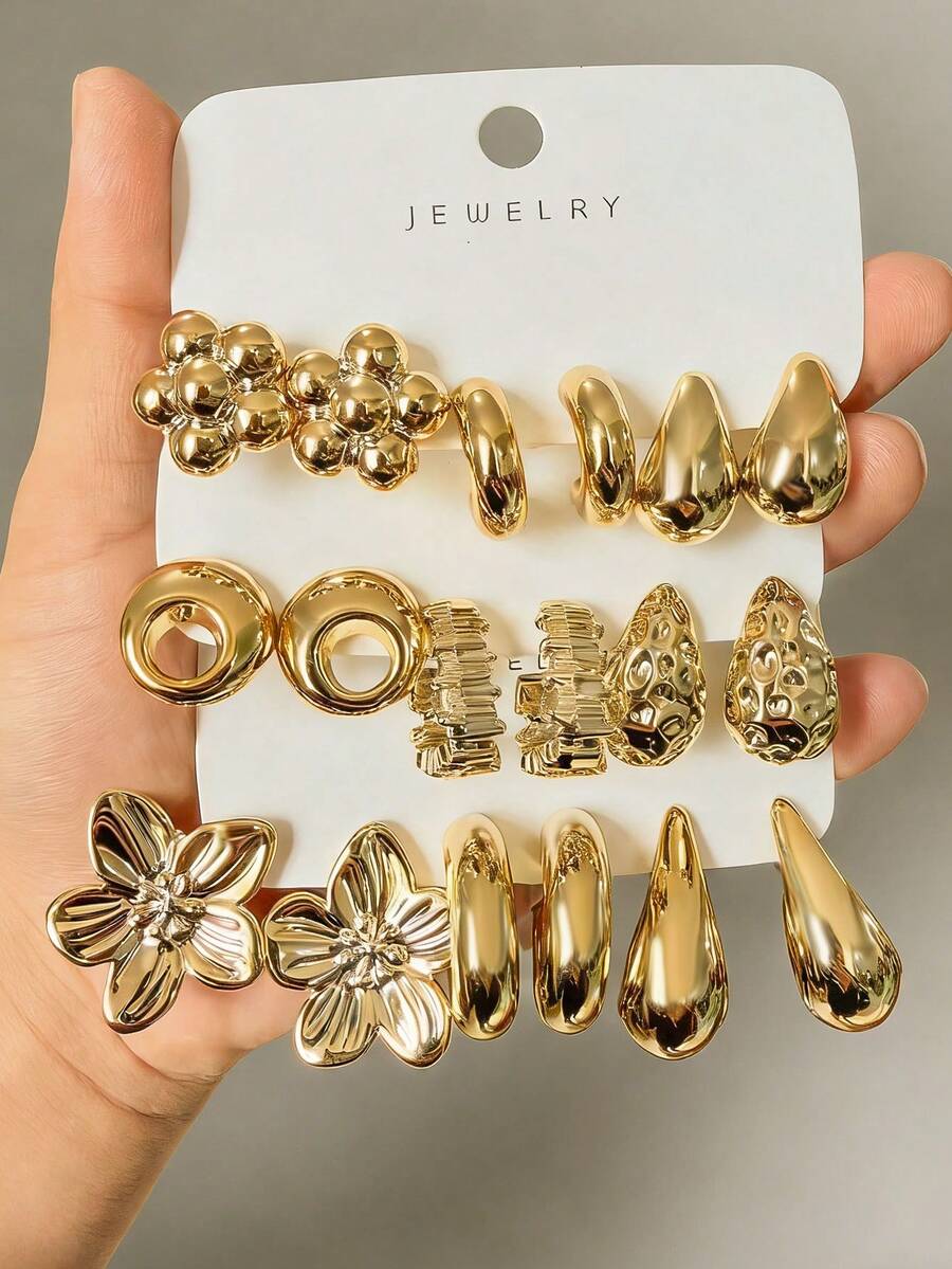 3对/9对装粗款银色耳环套装，低过敏性女士粗款耳环 - 金色 - 查看 1