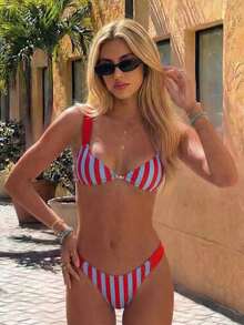 New Striped Ruffle Sexy Elegant Beach Vacation Party Swimsuit Set For Women, Spring/Summer - Multicolor - View 1