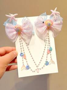 2pcs Girls Mermaid Shell & Starfish Hair Clips, Headband Chain, Bowknot Tassel Princess Hair Accessories - Multicolor - View 7