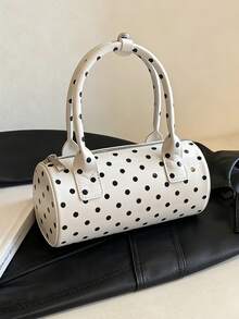 Fashionable Retro Solid Color PU Handbag, Waterproof Fabric, Zipper Closure, Dual Handles, Polka Dot Decor Design, Pillow-Shaped - White - View 3