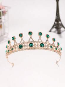 1pc European And American Bridal Bridesmaid Crown Headpiece, Alloy Crystal Tiara Hair Accessory For Evening Gown, Princess Style - Green - View 5